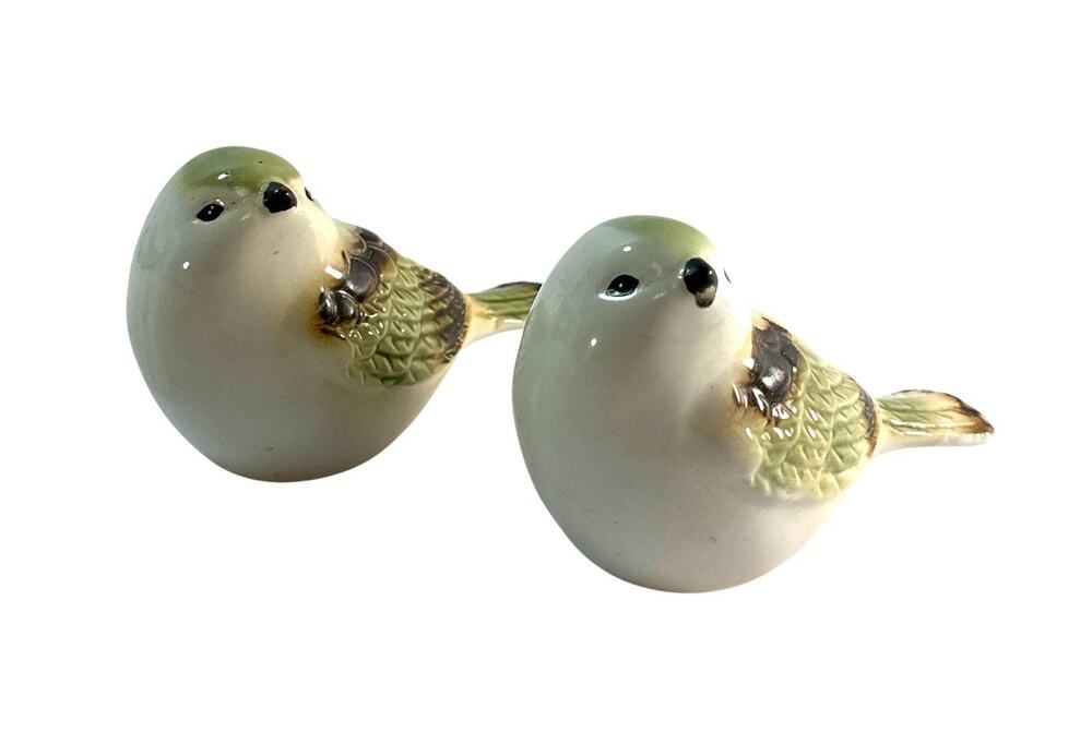 Vintage Ceramic Bird Figurines Green Brown Glaze Pair 4.5”